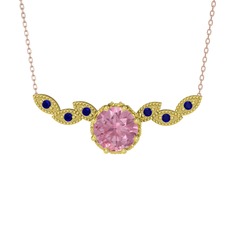 Pembe kuvars ve lab safir 18 ayar altın kolye (40 cm rose altın rolo zincir)