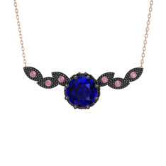 Lab safir ve pembe kuvars 925 ayar siyah rodyum kaplama gümüş kolye (40 cm rose altın rolo zincir)