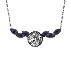 Swarovski ve lab safir 925 ayar siyah rodyum kaplama gümüş kolye (40 cm gümüş rolo zincir)