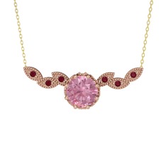 Pembe kuvars ve kök yakut 925 ayar rose altın kaplama gümüş kolye (40 cm gümüş rolo zincir)