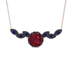 Kök yakut ve lab safir 925 ayar siyah rodyum kaplama gümüş kolye (40 cm rose altın rolo zincir)