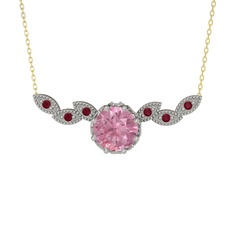 Pembe kuvars ve kök yakut 18 ayar beyaz altın kolye (40 cm gümüş rolo zincir)