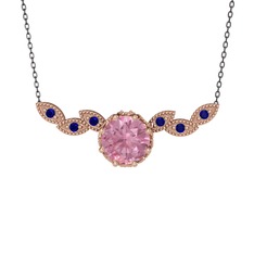 Pembe kuvars ve lab safir 14 ayar rose altın kolye (40 cm gümüş rolo zincir)