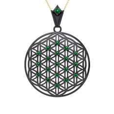Taşlı Yaşam Çiçeği Kolye - Yeşil kuvars 925 ayar siyah rodyum kaplama gümüş kolye (40 cm altın rolo zincir) #14z8h06