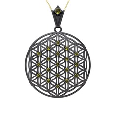 Taşlı Yaşam Çiçeği Kolye - Peridot 925 ayar siyah rodyum kaplama gümüş kolye (40 cm altın rolo zincir) #1913x7o
