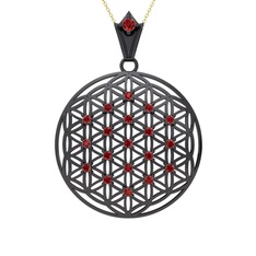 Taşlı Yaşam Çiçeği Kolye - Garnet 925 ayar siyah rodyum kaplama gümüş kolye (40 cm altın rolo zincir) #1bpykzz