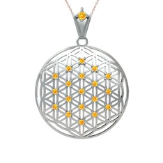 Taşlı Yaşam Çiçeği Kolye - Sitrin 14 ayar beyaz altın kolye (40 cm rose altın rolo zincir) #1dowb15