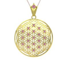 Taşlı Yaşam Çiçeği Kolye - Pembe kuvars 14 ayar altın kolye (40 cm rose altın rolo zincir) #1gnemfv