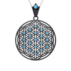 Taşlı Yaşam Çiçeği Kolye - Akuamarin 925 ayar siyah rodyum kaplama gümüş kolye (40 cm rose altın rolo zincir) #1j06avr