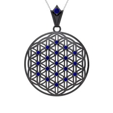Taşlı Yaşam Çiçeği Kolye - Lab safir 925 ayar siyah rodyum kaplama gümüş kolye (40 cm beyaz altın rolo zincir) #1kugind