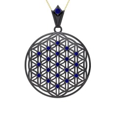 Taşlı Yaşam Çiçeği Kolye - Lab safir 925 ayar siyah rodyum kaplama gümüş kolye (40 cm altın rolo zincir) #1n6kcqa