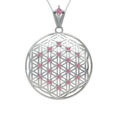 Taşlı Yaşam Çiçeği Kolye - Pembe kuvars 14 ayar beyaz altın kolye (40 cm gümüş rolo zincir) #1ngbqs2