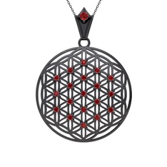 Taşlı Yaşam Çiçeği Kolye - Garnet 925 ayar siyah rodyum kaplama gümüş kolye (40 cm gümüş rolo zincir) #1ntoavo