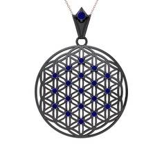 Taşlı Yaşam Çiçeği Kolye - Lab safir 925 ayar siyah rodyum kaplama gümüş kolye (40 cm rose altın rolo zincir) #1nw1isv