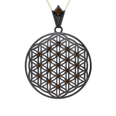 Taşlı Yaşam Çiçeği Kolye - Dumanlı kuvars 925 ayar siyah rodyum kaplama gümüş kolye (40 cm altın rolo zincir) #1oq74v7