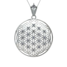 Taşlı Yaşam Çiçeği Kolye - Pırlanta 18 ayar beyaz altın kolye (0.22 karat, 40 cm gümüş rolo zincir) #1te63j1