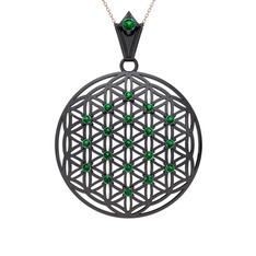 Taşlı Yaşam Çiçeği Kolye - Yeşil kuvars 925 ayar siyah rodyum kaplama gümüş kolye (40 cm gümüş rolo zincir) #1voh00t