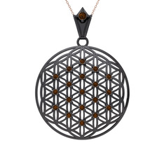 Taşlı Yaşam Çiçeği Kolye - Dumanlı kuvars 925 ayar siyah rodyum kaplama gümüş kolye (40 cm rose altın rolo zincir) #9guk7p