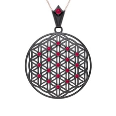 Taşlı Yaşam Çiçeği Kolye - Rodolit garnet 925 ayar siyah rodyum kaplama gümüş kolye (40 cm gümüş rolo zincir) #9yfve4