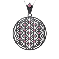 Taşlı Yaşam Çiçeği Kolye - Pembe kuvars 925 ayar siyah rodyum kaplama gümüş kolye (40 cm beyaz altın rolo zincir) #a529s4