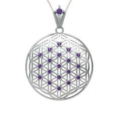 Taşlı Yaşam Çiçeği Kolye - Ametist 8 ayar beyaz altın kolye (40 cm rose altın rolo zincir) #awu311