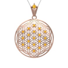 Taşlı Yaşam Çiçeği Kolye - Sitrin 8 ayar rose altın kolye (40 cm beyaz altın rolo zincir) #clzslx