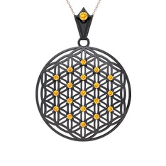 Taşlı Yaşam Çiçeği Kolye - Sitrin 925 ayar siyah rodyum kaplama gümüş kolye (40 cm rose altın rolo zincir) #dn1khm