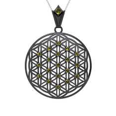 Taşlı Yaşam Çiçeği Kolye - Peridot 925 ayar siyah rodyum kaplama gümüş kolye (40 cm beyaz altın rolo zincir) #h5hy8f
