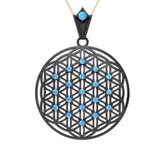 Taşlı Yaşam Çiçeği Kolye - Akuamarin 925 ayar siyah rodyum kaplama gümüş kolye (40 cm altın rolo zincir) #ihgbga