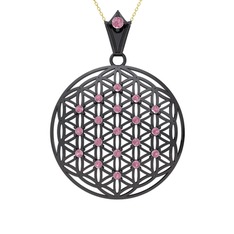 Taşlı Yaşam Çiçeği Kolye - Pembe kuvars 925 ayar siyah rodyum kaplama gümüş kolye (40 cm altın rolo zincir) #itjdg9
