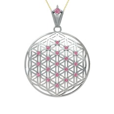 Taşlı Yaşam Çiçeği Kolye - Pembe kuvars 14 ayar beyaz altın kolye (40 cm gümüş rolo zincir) #kw1a1w