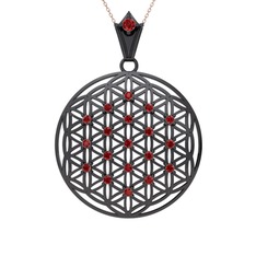 Taşlı Yaşam Çiçeği Kolye - Garnet 925 ayar siyah rodyum kaplama gümüş kolye (40 cm rose altın rolo zincir) #n3j3p5