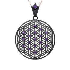 Taşlı Yaşam Çiçeği Kolye - Ametist 925 ayar siyah rodyum kaplama gümüş kolye (40 cm rose altın rolo zincir) #oihj5g
