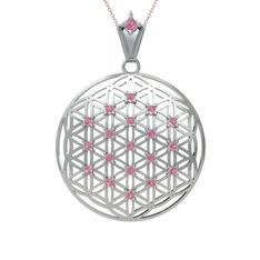Taşlı Yaşam Çiçeği Kolye - Pembe kuvars 8 ayar beyaz altın kolye (40 cm gümüş rolo zincir) #pe8mat