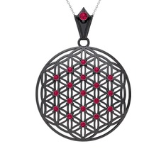 Taşlı Yaşam Çiçeği Kolye - Rodolit garnet 925 ayar siyah rodyum kaplama gümüş kolye (40 cm beyaz altın rolo zincir) #qi1x13