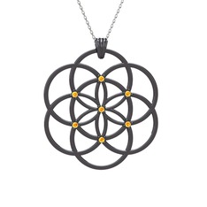 Taşlı Yaşam Tohumu Kolye - Sitrin 925 ayar siyah rodyum kaplama gümüş kolye (40 cm beyaz altın rolo zincir) #11oa7ko