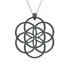 Taşlı Yaşam Tohumu Kolye - Kök zümrüt 925 ayar siyah rodyum kaplama gümüş kolye (40 cm rose altın rolo zincir) #1fsondr