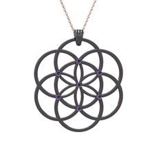 Ametist 925 ayar siyah rodyum kaplama gümüş kolye (40 cm rose altın rolo zincir)