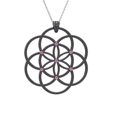 Taşlı Yaşam Tohumu Kolye - Pembe kuvars 925 ayar siyah rodyum kaplama gümüş kolye (40 cm gümüş rolo zincir) #5c6phb