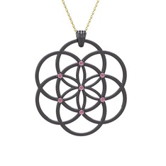Taşlı Yaşam Tohumu Kolye - Pembe kuvars 925 ayar siyah rodyum kaplama gümüş kolye (40 cm altın rolo zincir) #xk2jgs