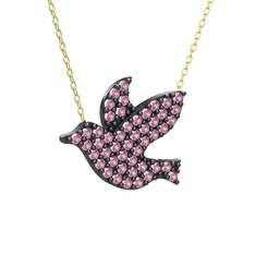 Güvercin Kolye - Pembe kuvars 925 ayar siyah rodyum kaplama gümüş kolye (40 cm altın rolo zincir) #1lig1xe