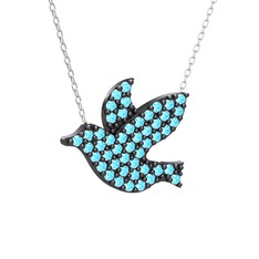 Güvercin Kolye - Akuamarin 925 ayar siyah rodyum kaplama gümüş kolye (40 cm beyaz altın rolo zincir) #1lr2549