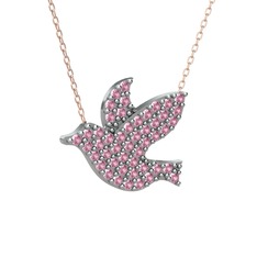 Güvercin Kolye - Pembe kuvars 18 ayar beyaz altın kolye (40 cm rose altın rolo zincir) #ao4186