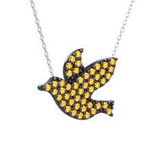 Güvercin Kolye - Sitrin 925 ayar siyah rodyum kaplama gümüş kolye (40 cm beyaz altın rolo zincir) #axuynm