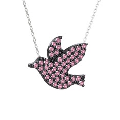 Pembe kuvars 925 ayar siyah rodyum kaplama gümüş kolye (40 cm beyaz altın rolo zincir)