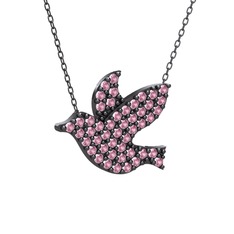 Güvercin Kolye - Pembe kuvars 925 ayar siyah rodyum kaplama gümüş kolye (40 cm gümüş rolo zincir) #w602dd