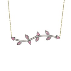 Zeytin Dalı Kolye - Pembe kuvars 8 ayar beyaz altın kolye (40 cm gümüş rolo zincir) #1rt7gn4