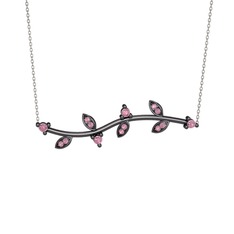 Zeytin Dalı Kolye - Pembe kuvars 925 ayar siyah rodyum kaplama gümüş kolye (40 cm beyaz altın rolo zincir) #igkygn