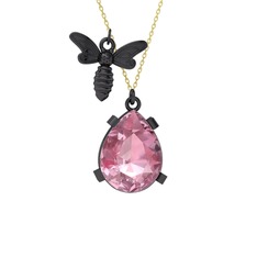 Bombus Arı Kolye - Pembe kuvars 925 ayar siyah rodyum kaplama gümüş kolye (40 cm altın rolo zincir) #14vexpd