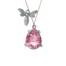 Bombus Arı Kolye - Pembe kuvars 8 ayar beyaz altın kolye (40 cm rose altın rolo zincir) #19w1gxe